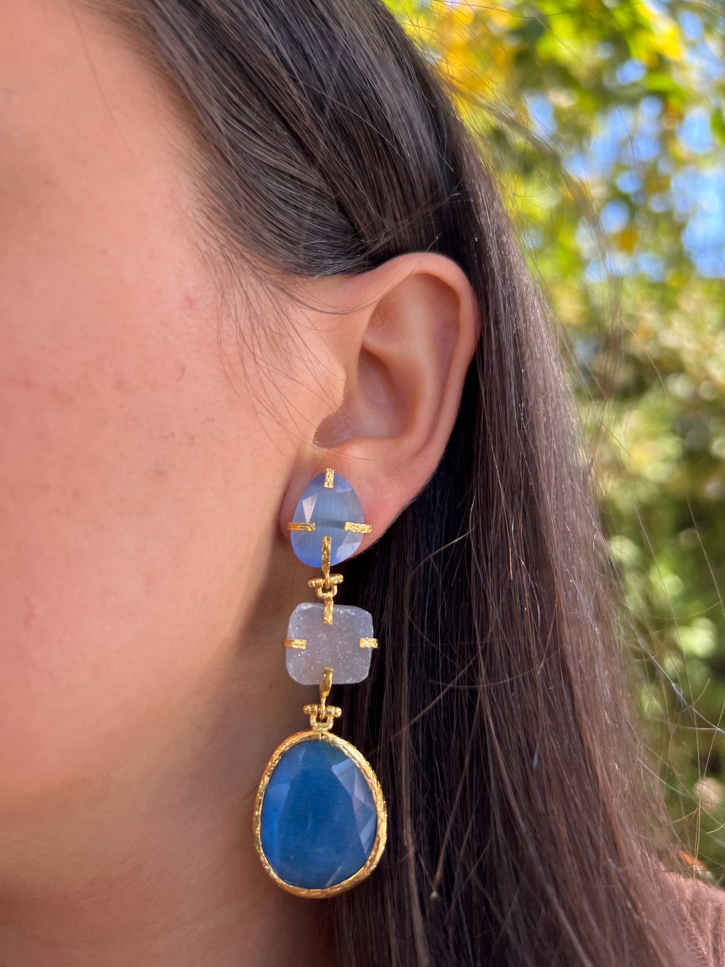 Triple Blue Stoned Earrings