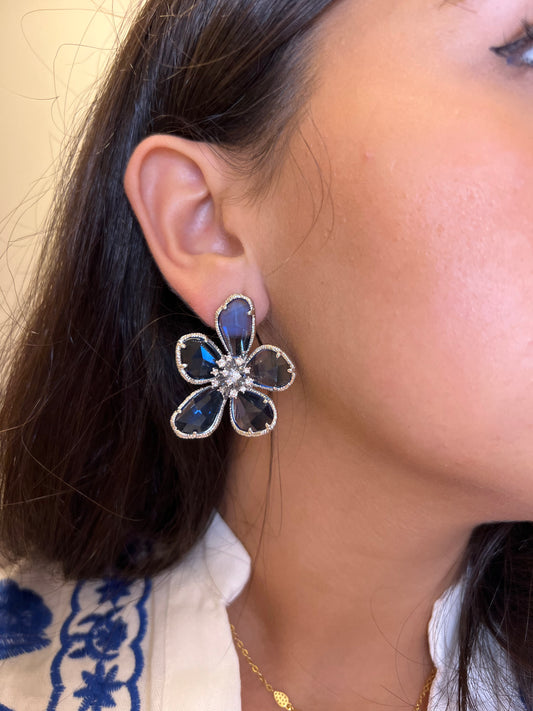 Blue Glassy Flower Earrings