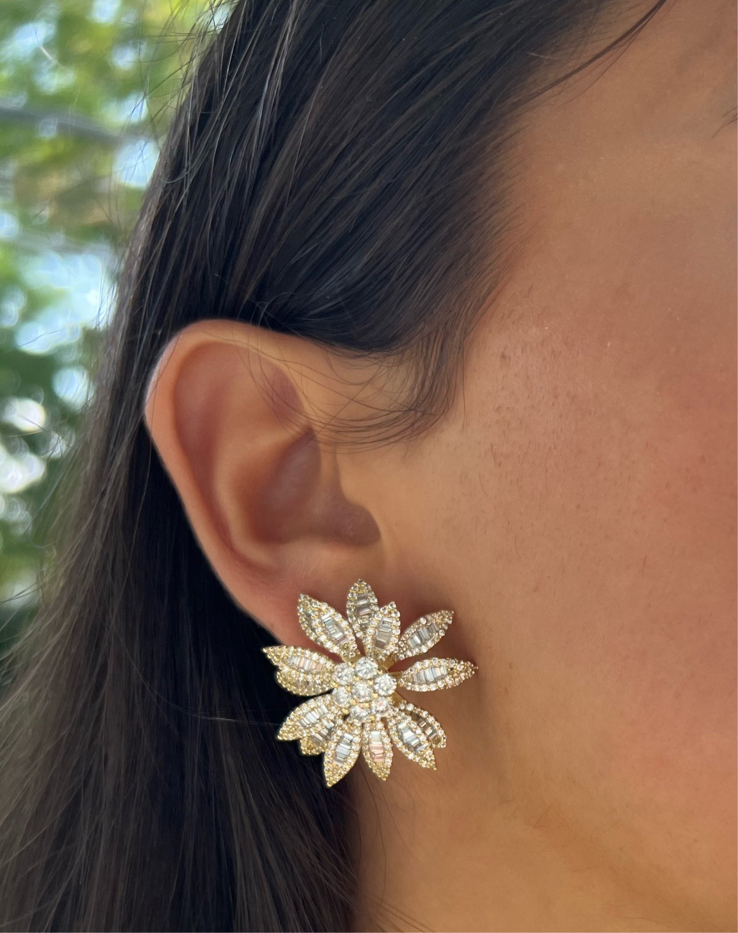 Gold Flower CZ 3D Earrings