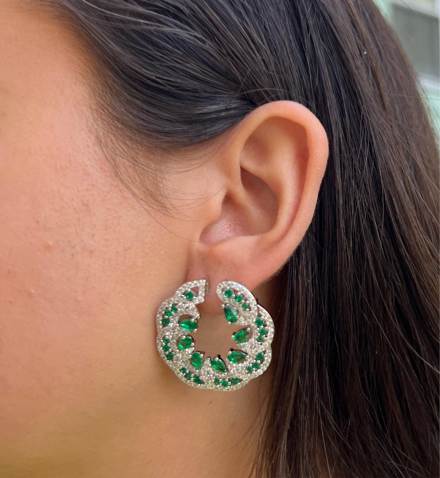 Emerald Green X CZ Round Earrings