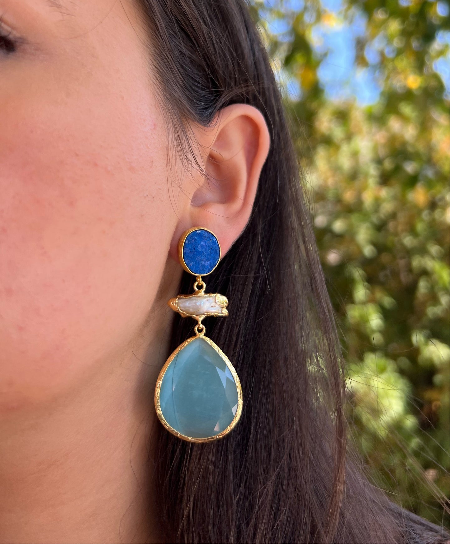 Blue X Pearl Earrings