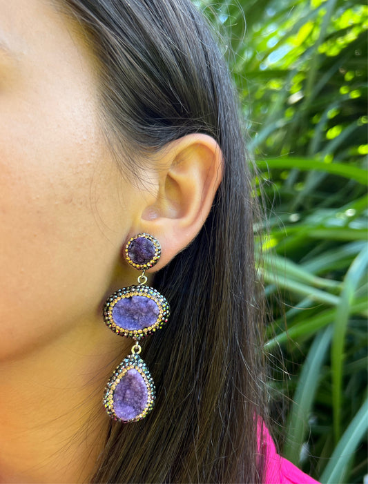 3 Drop Drusy Hanging Earrings