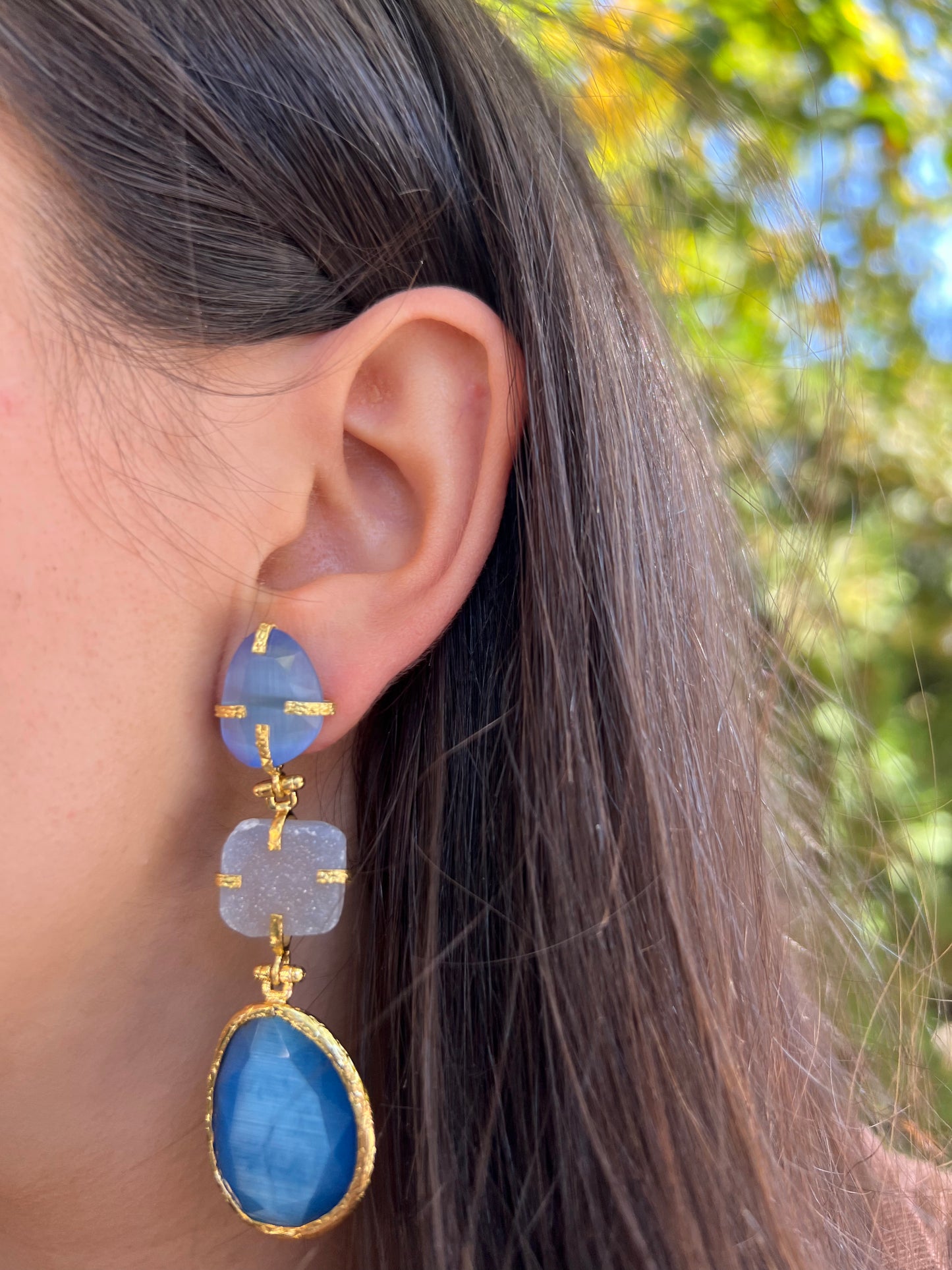 Triple Blue Stoned Earrings